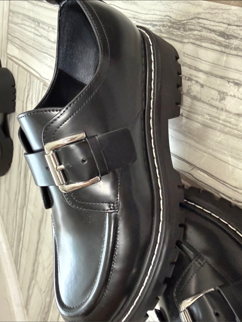 Marc Fisher Black Leather Monk Strap Loafers with Silver Buckle